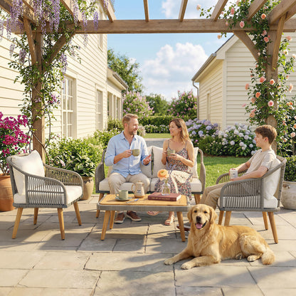 Outsunny 4 Piece Rattan Garden Furniture Set with Loveseat, Armchairs, Wood Table, Wicker Patio Conversation Set, Cream White