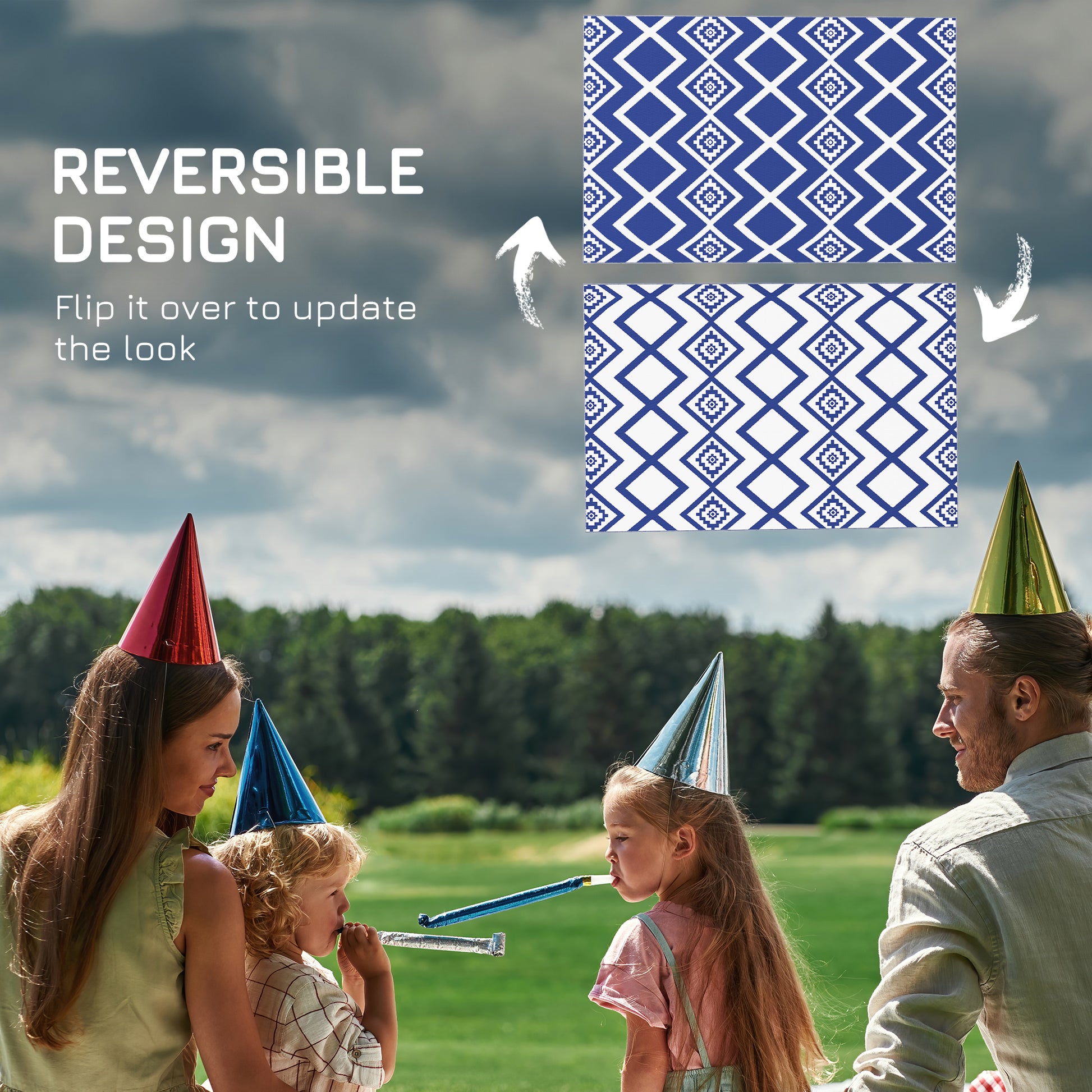 Outsunny Plastic Straw Reversible RV Outdoor Rug with Carry Bag, 182 x 274cm, Blue and White--ChewyGames-ChewyGames