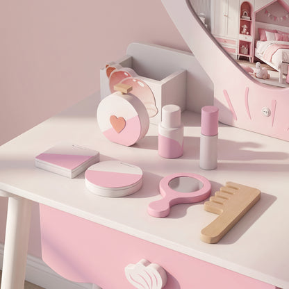 AIYAPLAY Kids Vanity Set, Kids Dressing Table with Chair, Acrylic Mirror, Lighted Bulbs, 7-Piece Accessories, for 3-8 Years, Pink