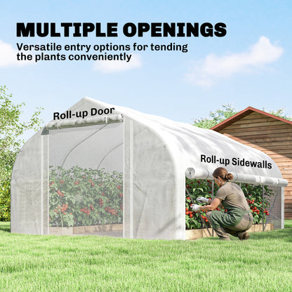 Outsunny 4 x 3(m) Walk-in Polytunnel Greenhouse, Zipped Roll Up Sidewalls, Mesh Door, 8 Mesh Windows, Tunnel Warm House Tent with PE Cover, Complimentary Plant Labels and Gloves, White