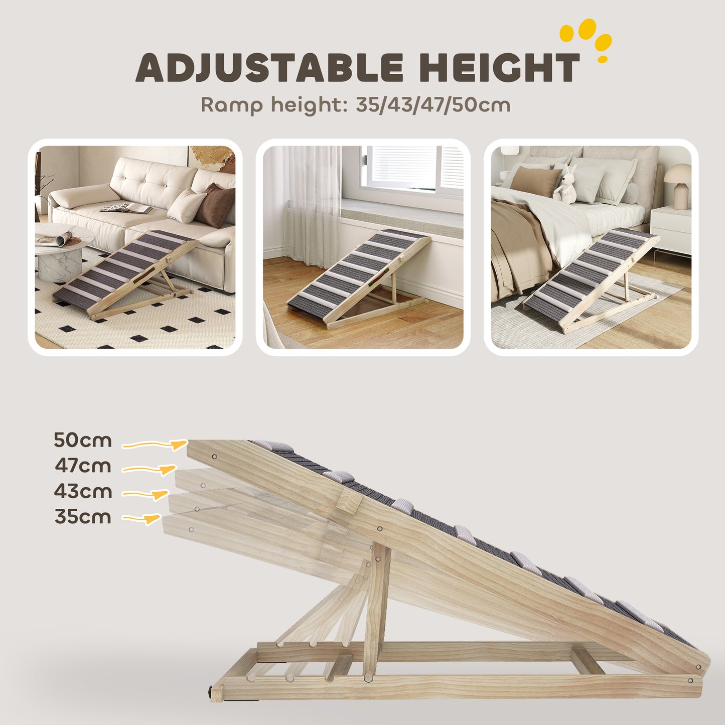 PawHut Adjustable Folding Dog Ramp for Couch Pet Ladder 4 Heights 35–50cm