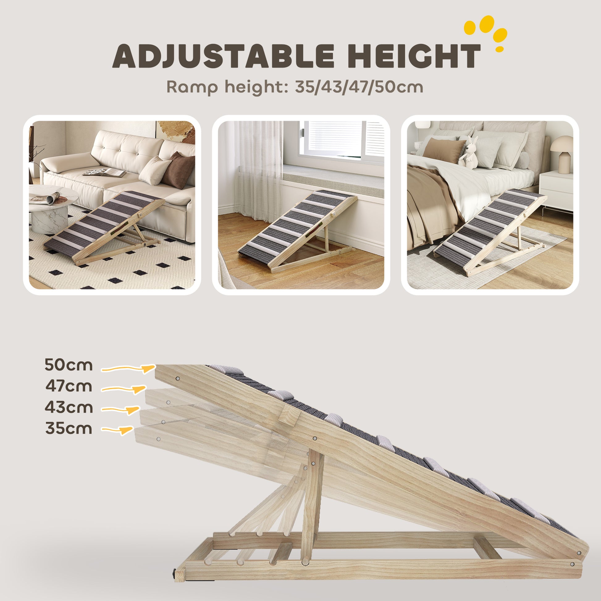 PawHut Dog Ramp for Couch, Adjustable Folding Pet Ramp, 4 Adjustable Height Dog Climbing Ladder, 35/43/47/50 cm Height--ChewyGames-ChewyGames