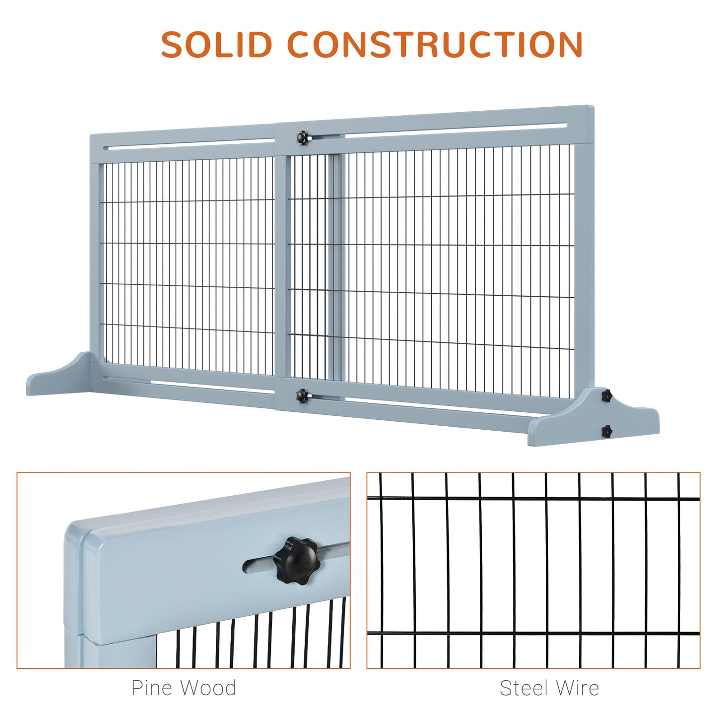 PawHut Freestanding Dog Gate, Foldable Pet Fence, Indoor Wood Barrier, Stair Gate with Support Feet, for Doorway, Hallway, Small and Medium Dogs, 69H x 104-180 cm, Blue-grey