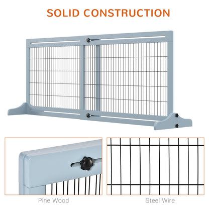 PawHut Freestanding Dog Gate, Foldable Pet Fence, Indoor Wood Barrier, Stair Gate with Support Feet, for Doorway, Hallway, Small and Medium Dogs, 69H x 104-180 cm, Blue-grey