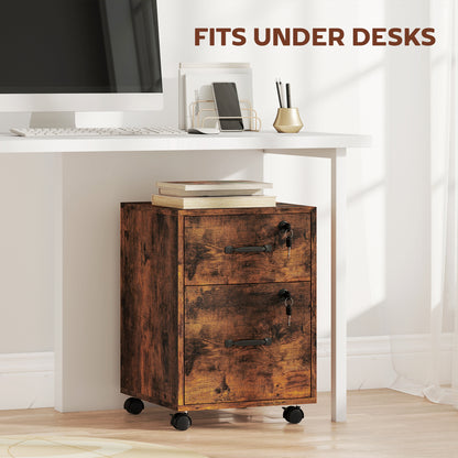 HOMCOM Rolling File Cabinet with 2 Drawers, Mobile Filing Cabinet with Hanging File Folder for Letter Sized Documents, Rustic Brown