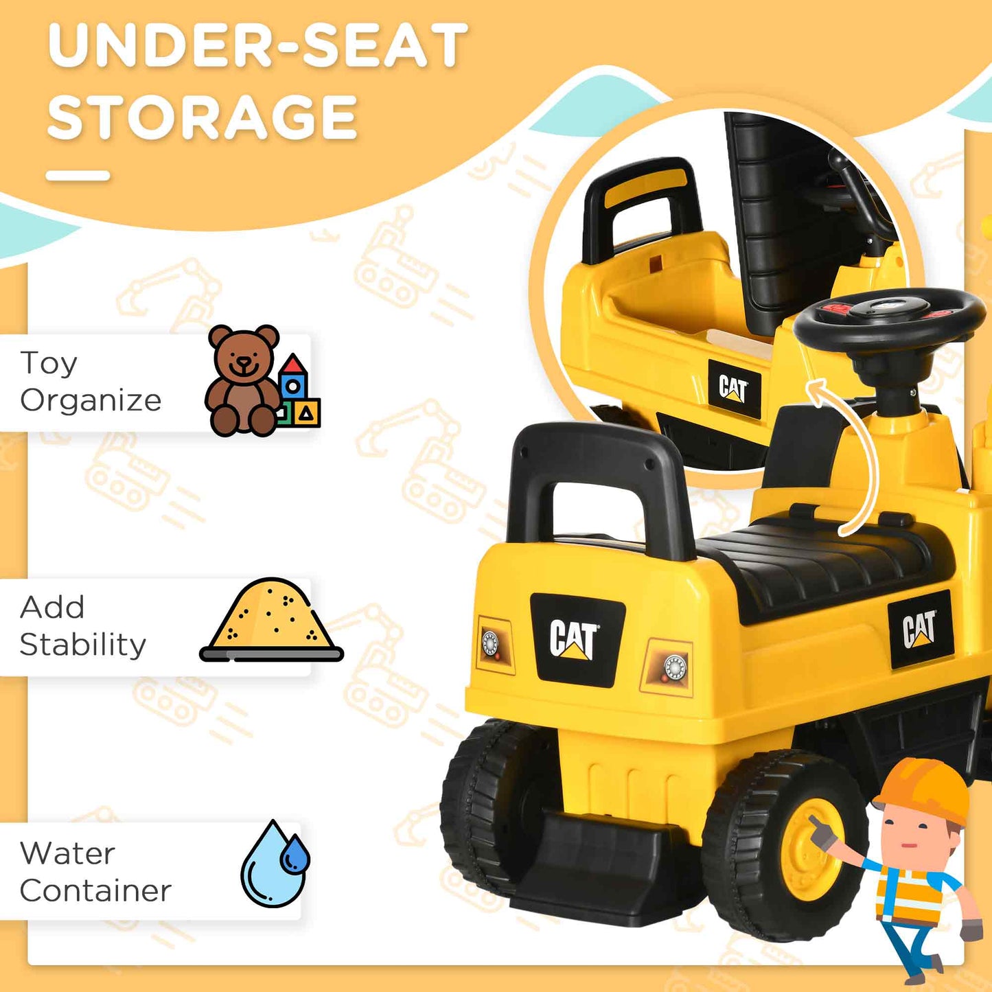 HOMCOM CAT Licensed Kids Ride on Digger Toddler Pretend Construction Play Toy Foot-To-Floor Ride-On Toy w/ Manual Shovel, Horn, Hidden Storage, for Ages 1-3 Years--ChewyGames-ChewyGames