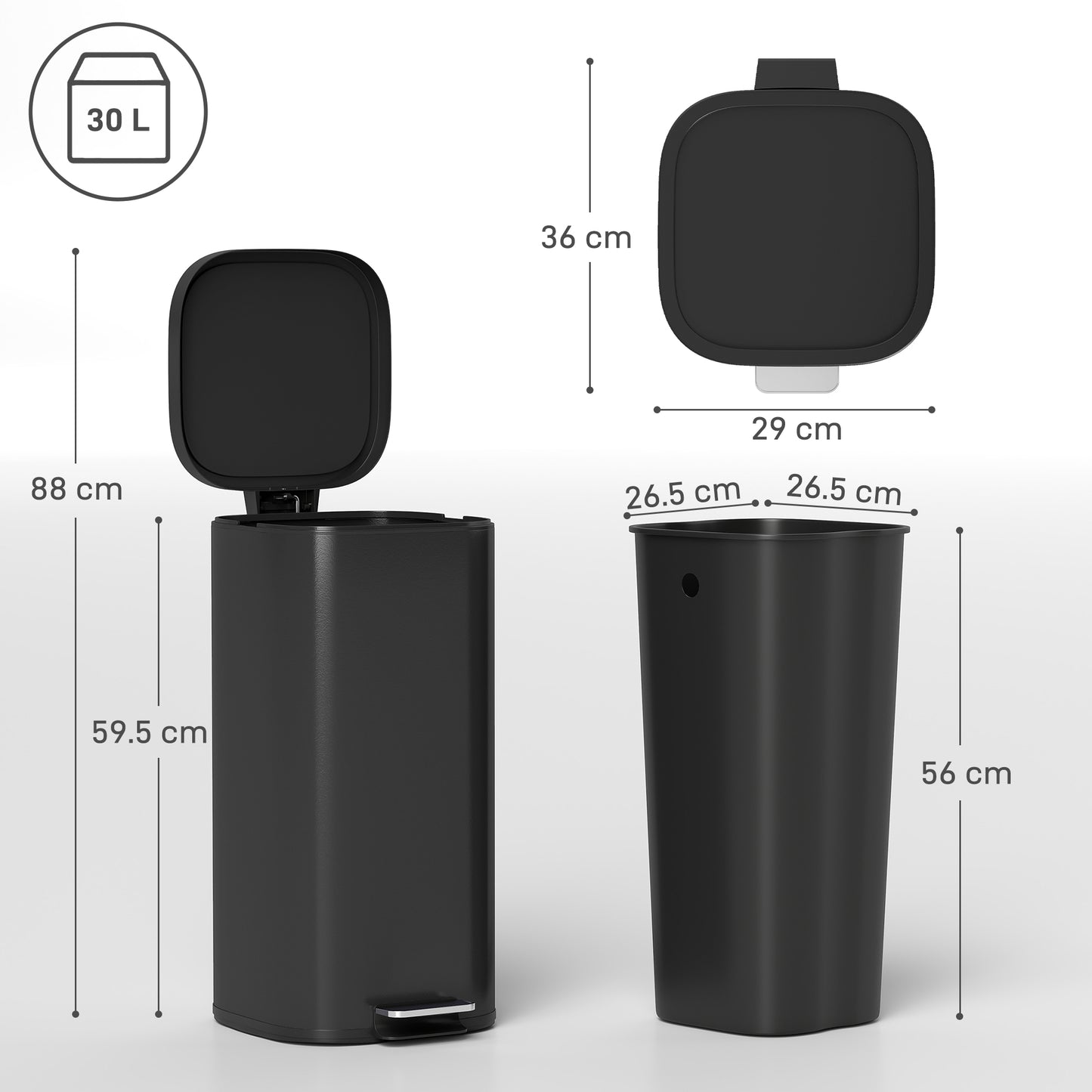 HOMCOM 30L Kitchen Bin, Compact Pedal Bin with Soft-Close and Stay-Open Lid, Removable Bucket for Kitchen, Home, Office, Black