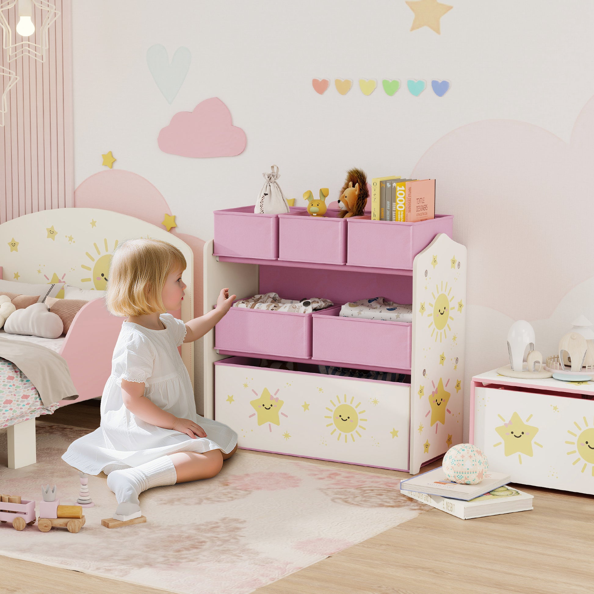 AIYAPLAY Kids Toy Storage Units, 3-Tier Toy Organiser Shelf with 6 Removable Boxes for Kids, Bedroom, Playroom, Pink--ChewyGames-ChewyGames