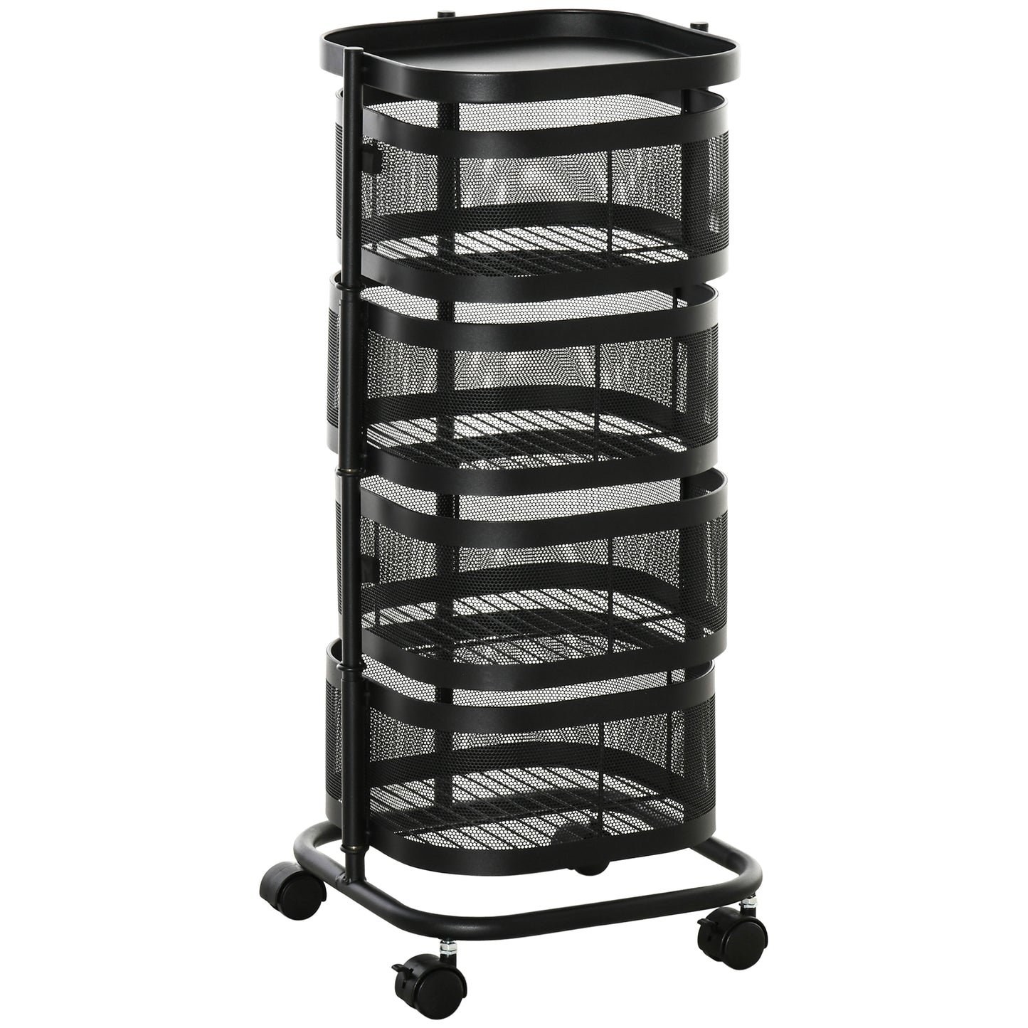 HOMCOM Metal Storage Cart, 4-Tier Storage Trolley on Wheels with 4 Mesh Baskets and Top Tray, Black