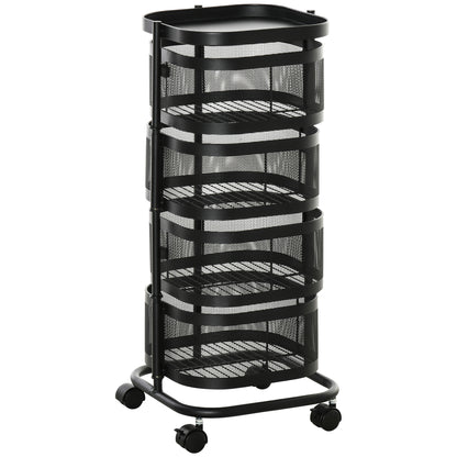 HOMCOM Metal Storage Cart, 4-Tier Storage Trolley on Wheels with 4 Mesh Baskets and Top Tray, Black