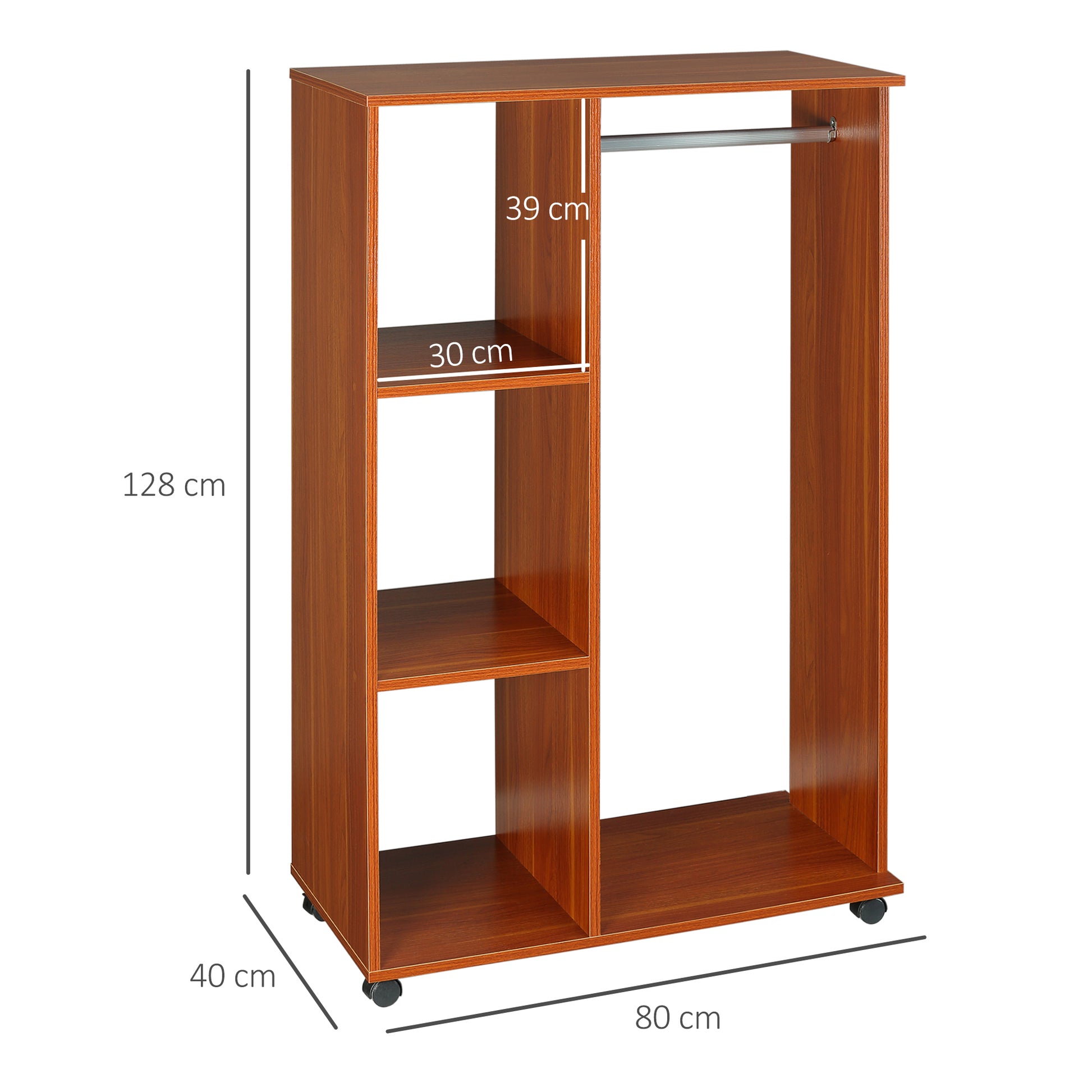 HOMCOM Open Wardrobe on Wheels, Bedroom Wardrobe with Clothes Hanging Rail, 3 Storage Shelves, Mobile Garment Rack for Cloakroom, Hallway, Walnut-Corner Wardrobes-ChewyGames-ChewyGames