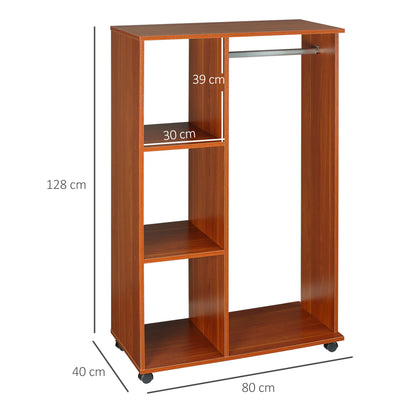 HOMCOM Open Wardrobe on Wheels, Bedroom Wardrobe with Clothes Hanging Rail, 3 Storage Shelves, Mobile Garment Rack for Cloakroom, Hallway, Walnut-Corner Wardrobes-ChewyGames-ChewyGames