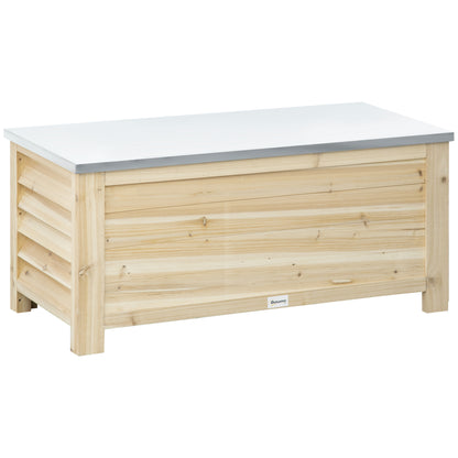 Outsunny 155L Outdoor Storage Box with Metal Top and Shutter Walls, Wooden Outside Tool organiser Container, for Garden, terrace--ChewyGames-ChewyGames