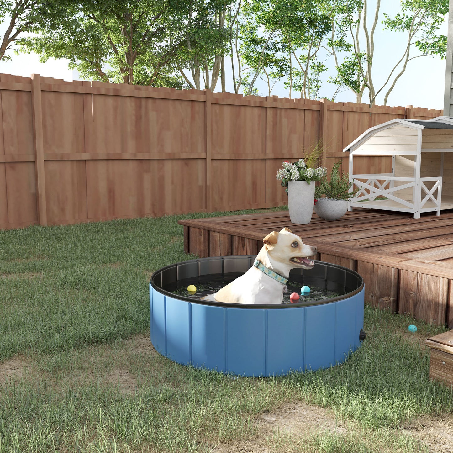 PawHut Dog Paddling Pool, Foldable Dog Pool, Leakproof & Hard Plastic, Portable Pet Bathtub with Non-Slip Base & Drainage Hole, for Indoors, Outdoors, Garden, Patio, 100 x 30 cm, Blue