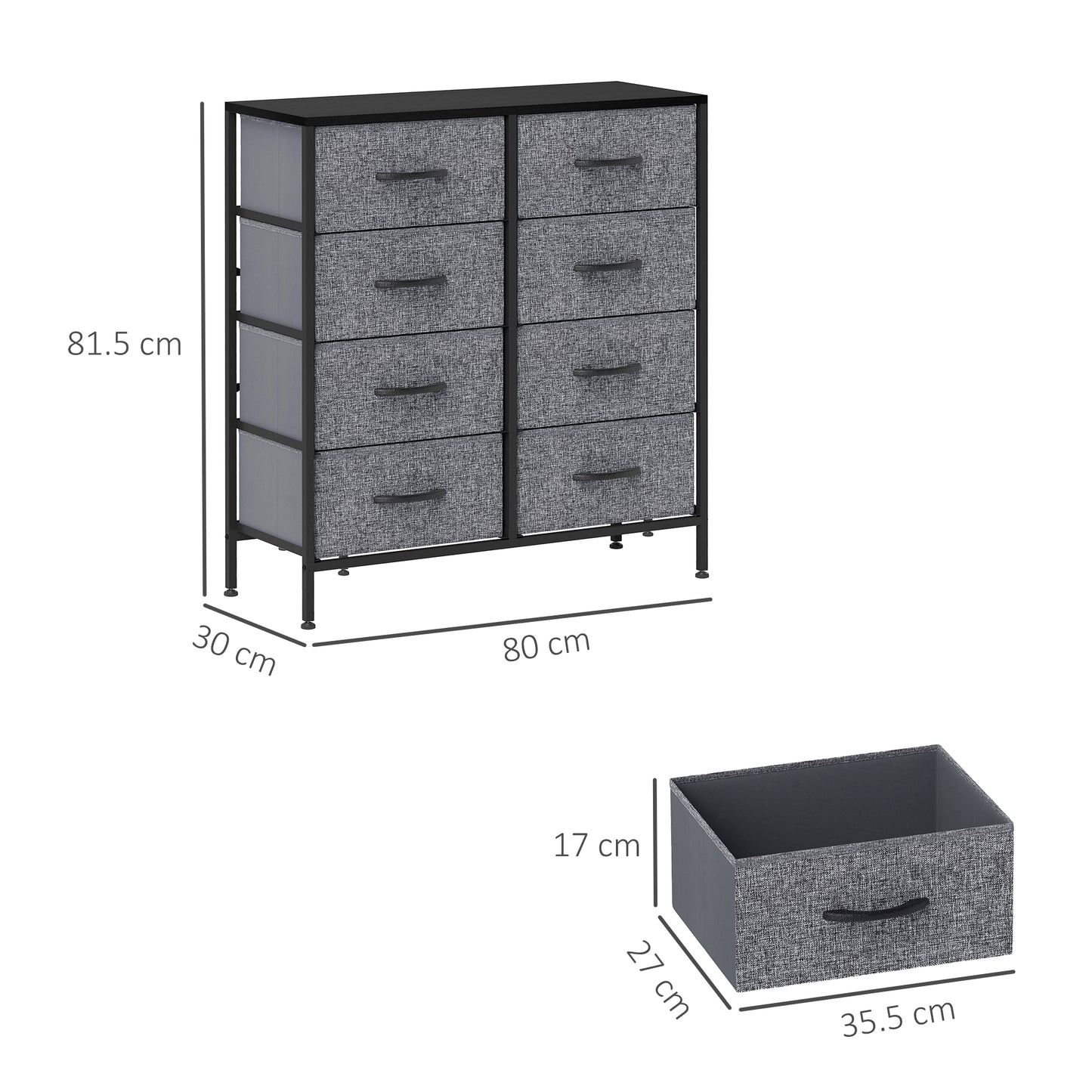 HOMCOM Fabric Chest of Drawers, Industrial Bedroom Dresser with 8 Fabric Drawers, Steel Frame and Wooden Top for Nursery, Living Room, Hallway, Black