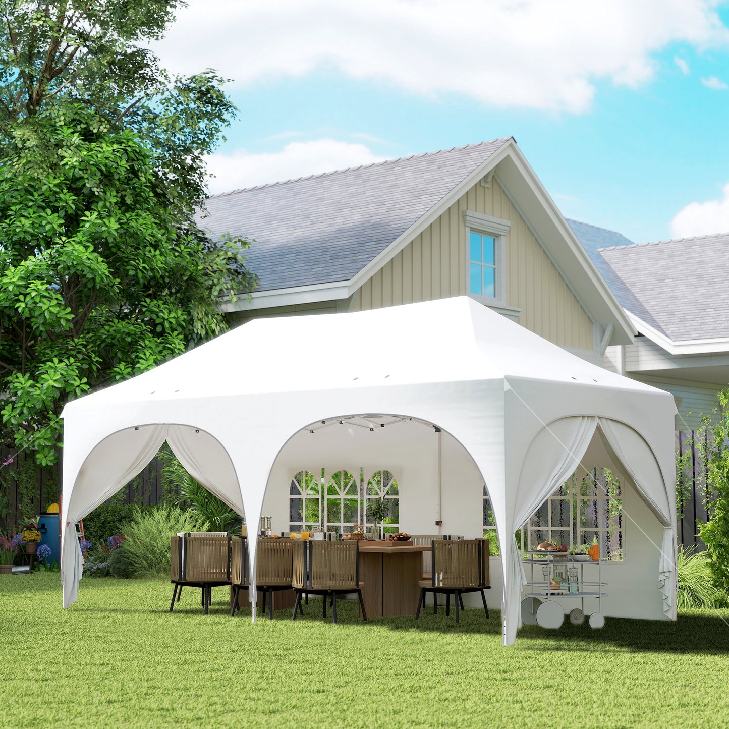 Outsunny 3 x 6m Pop Up Gazebo Shelter with Sides, 6 Sandbags, Peak Top Garden Party Tent Marquee with Carry Bag, Light Grey/White
