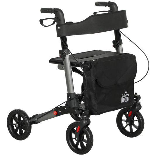HOMCOM Rollator Walker with Seat, Compact Quick Folding Mobility Walker with 8" Wheels, Carry Bag, Adjustable Height, Cane Holder and Lightweight Aluminium Frame for Seniors and Disabled, Silver