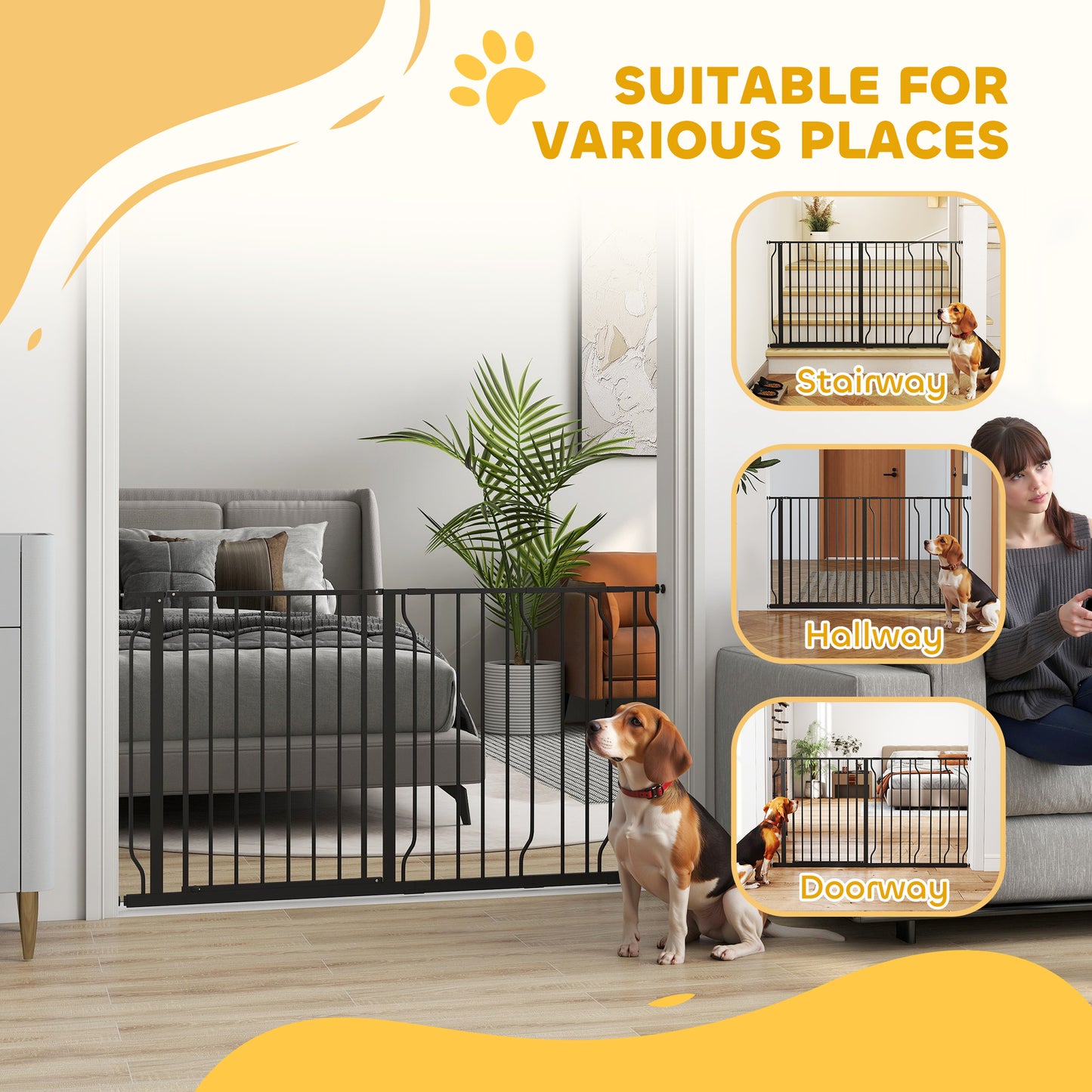PawHut Extra Wide Dog Safety Gate, with Door Pressure, for Doorways, Hallways, Staircases - Black