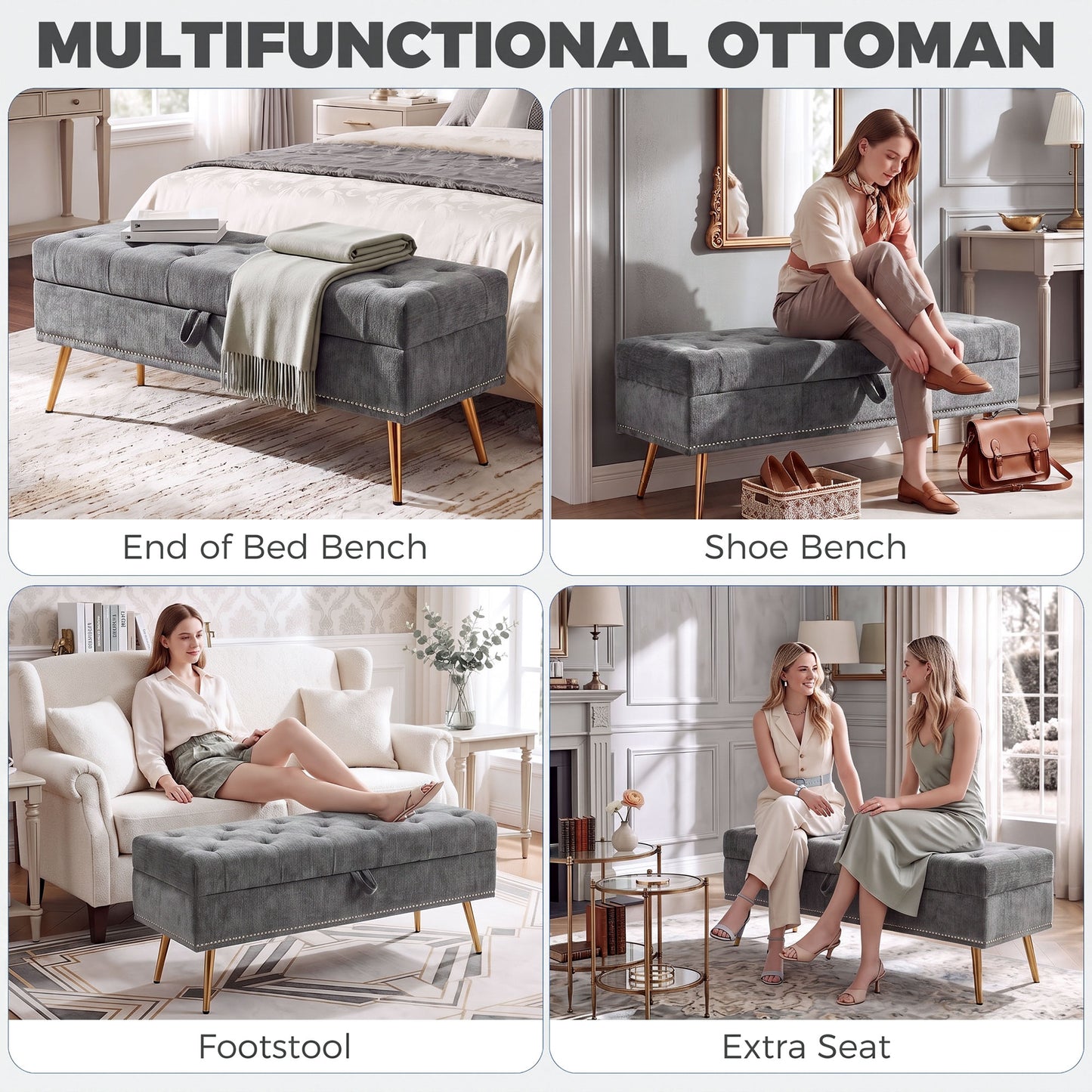 HOMCOM Storage Ottoman, Chenille Upholstered Ottoman Storage Box with Padded Seat, Metal Legs, 114 x 41 x 45 cm, Grey