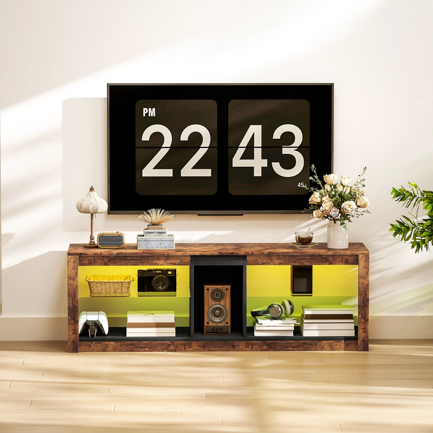 HOMCOM TV Stand Cabinet with LED Lights and Remote Control for TVs up to 65", Entertainment Centre with Storage Shelves and Compartment, Rustic Brown