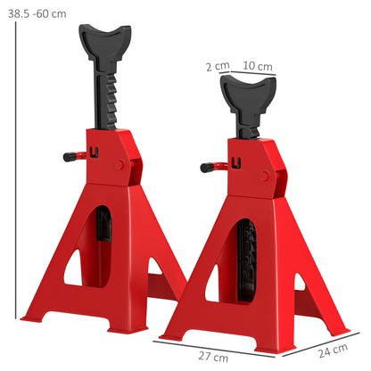 HOMCOM Axle Stands 6 Ton Car Jack Stands Pack of 2, 38.5-60 cm Height Adjustable Support Jack Stand, Heavy Duty Car Lift Tool for Vehicles, Caravans, Workshops, Garages, Red