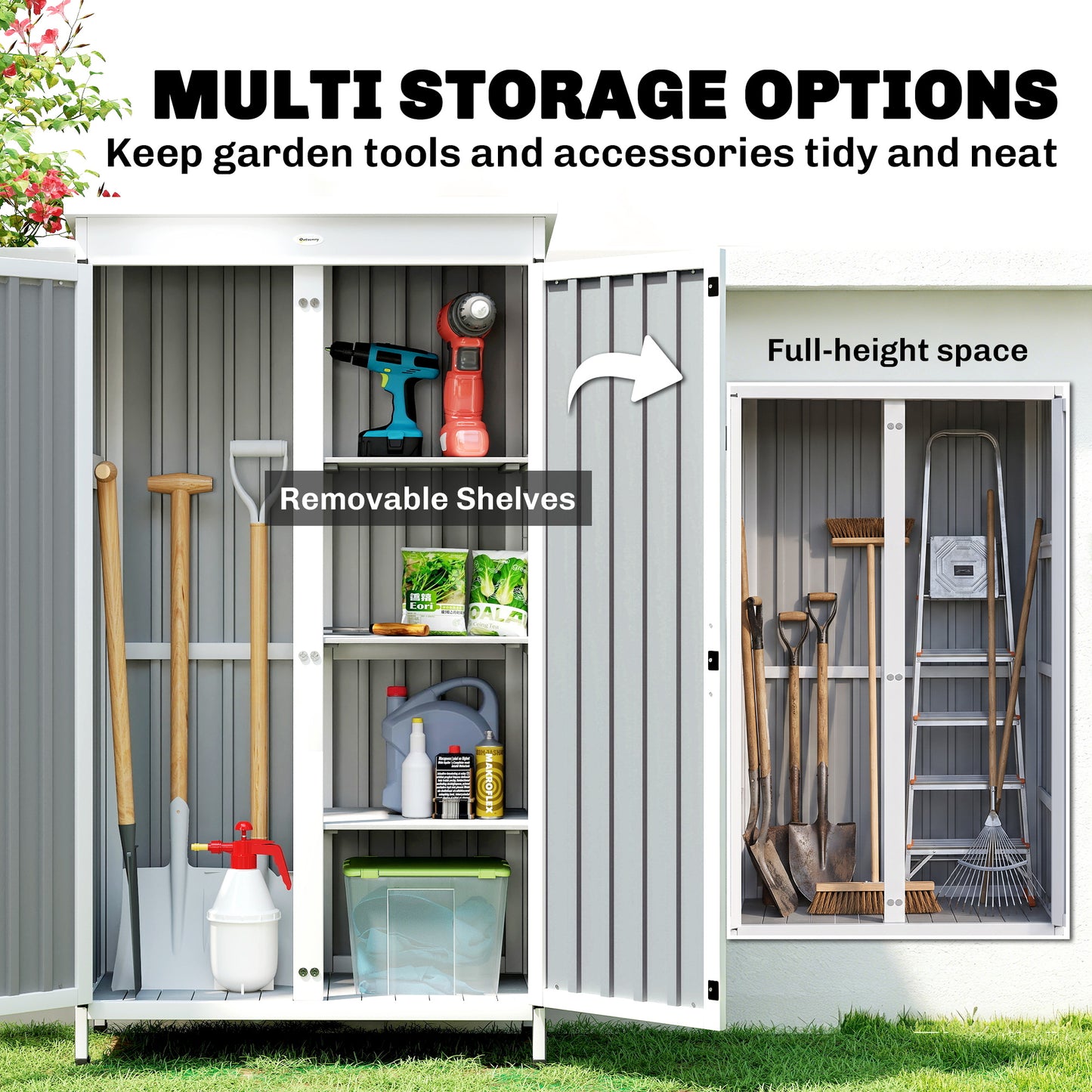 Outsunny Outdoor Storage Cabinet with Removable Shelves, Garden Tool Shed with Asphalt Roof, White and Black