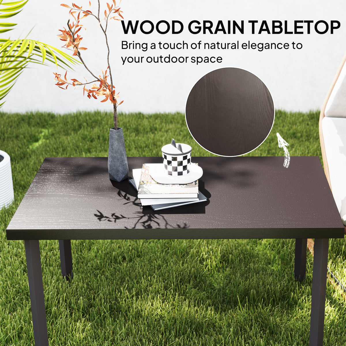 Outsunny Metal Garden Coffee Table, Rectangular Outdoor Side Table with Woodgrain Tabletop, Foot Pads for Outside, Garden, Balcony, Porch, 95 x 55 x 46cm, Brown