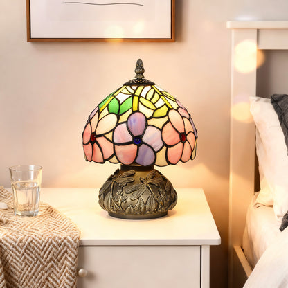 HOMCOM Tiffany-Style Table Lamp with Sculpted Dragonfly Base, Handcrafted Classic Stained Glass Bedside Lamp for Living Room and Bedroom, E27 Socket, Pink