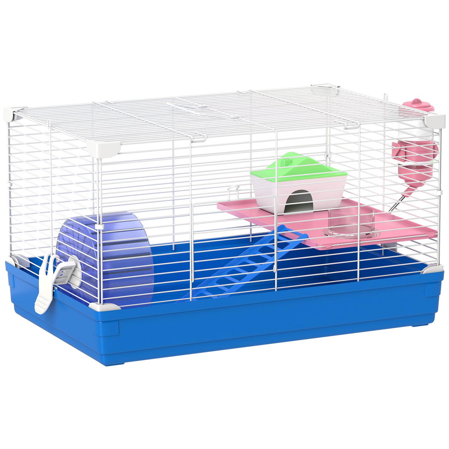 PawHut Hamster Cage, Small Gerbil Cage 2 Tiers Portable w/ Handle, Exercise Wheel, Water Bottle, Dishes, Blue