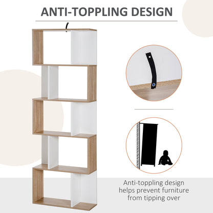 HOMCOM Bookcase, S-Shaped Wooden Bookshelf, 5/6 Tiers Freestanding Storage Shelf, Home Office Decorative Display Stand Rack, Oak and White, 24D x 60W x 184.5H