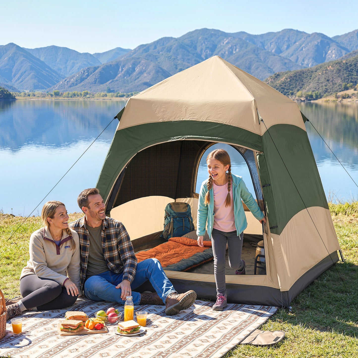 Outsunny Double Layer Instant Pop Up Tent with Rainfly, Portable Camping Shelter with Sewn-in Groundsheet and Carry Bag, Khaki