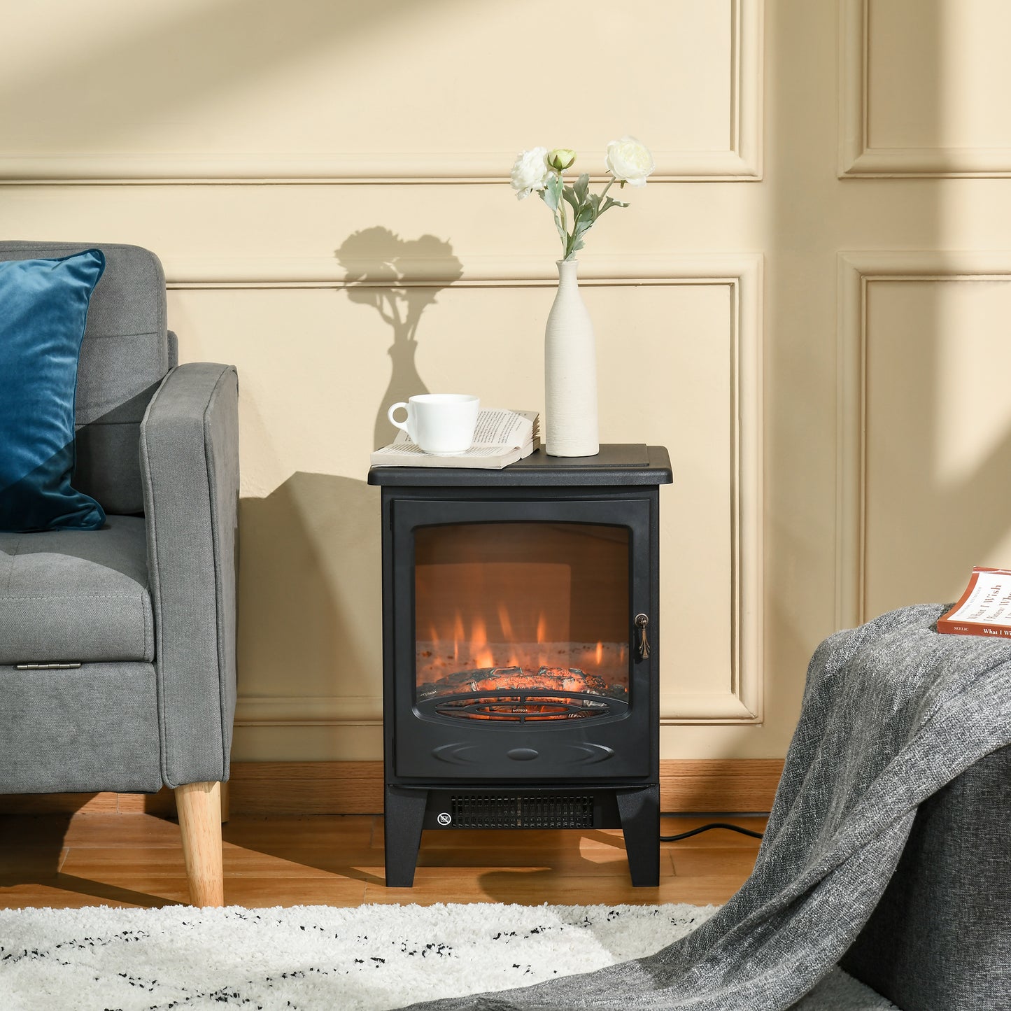HOMCOM Electric Fireplace Stove, Free standing Fireplace Heater with Realistic LED Flame Effect and Adjustable Brightness, Overheat Safety Protection, 900W/1800W, Black