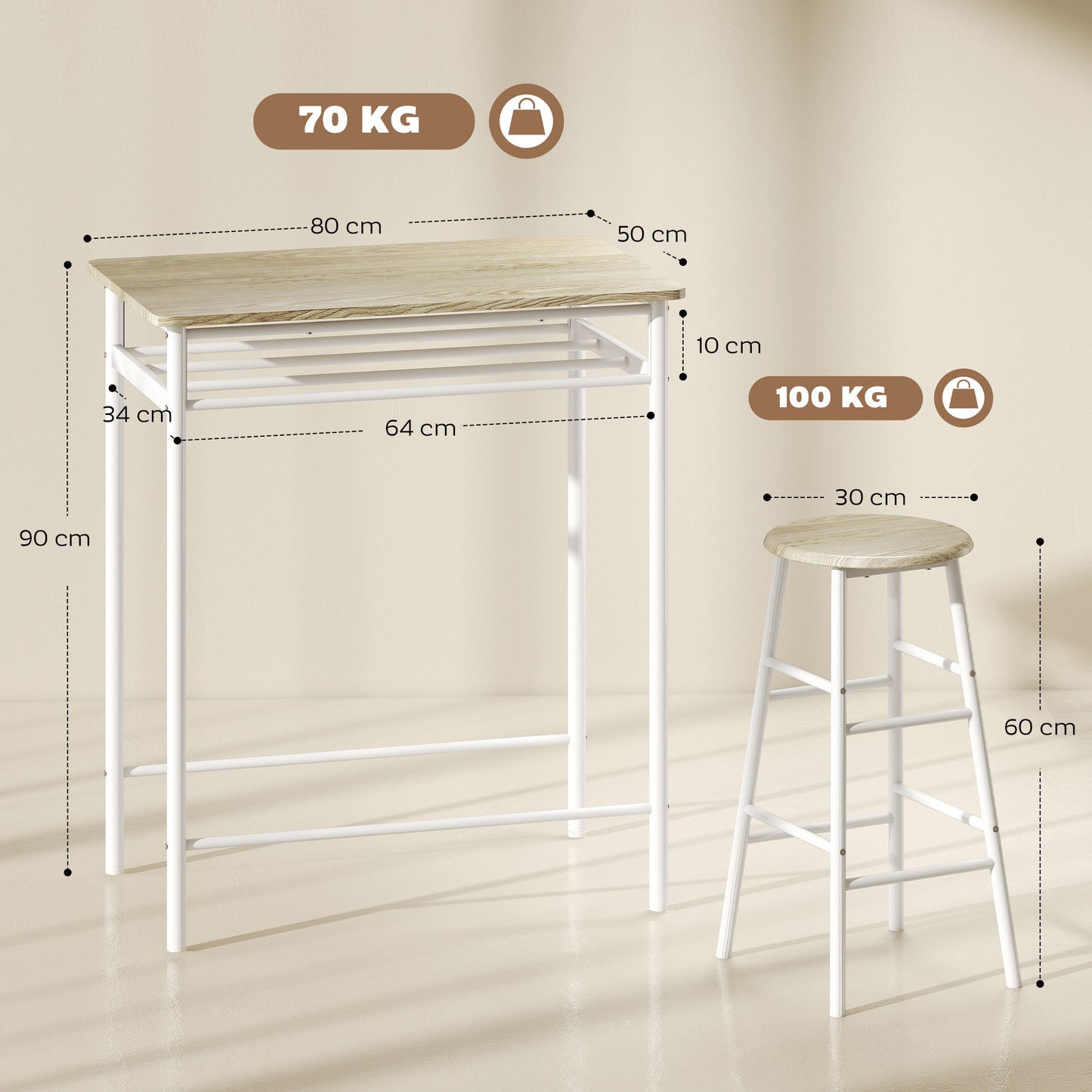 HOMCOM Bar Table Set, Bar Table and Stools Set, Footrest and Storage Shelf, for Kitchen, Dining Room, Pub, Cafe, White and Oak--ChewyGames-ChewyGames