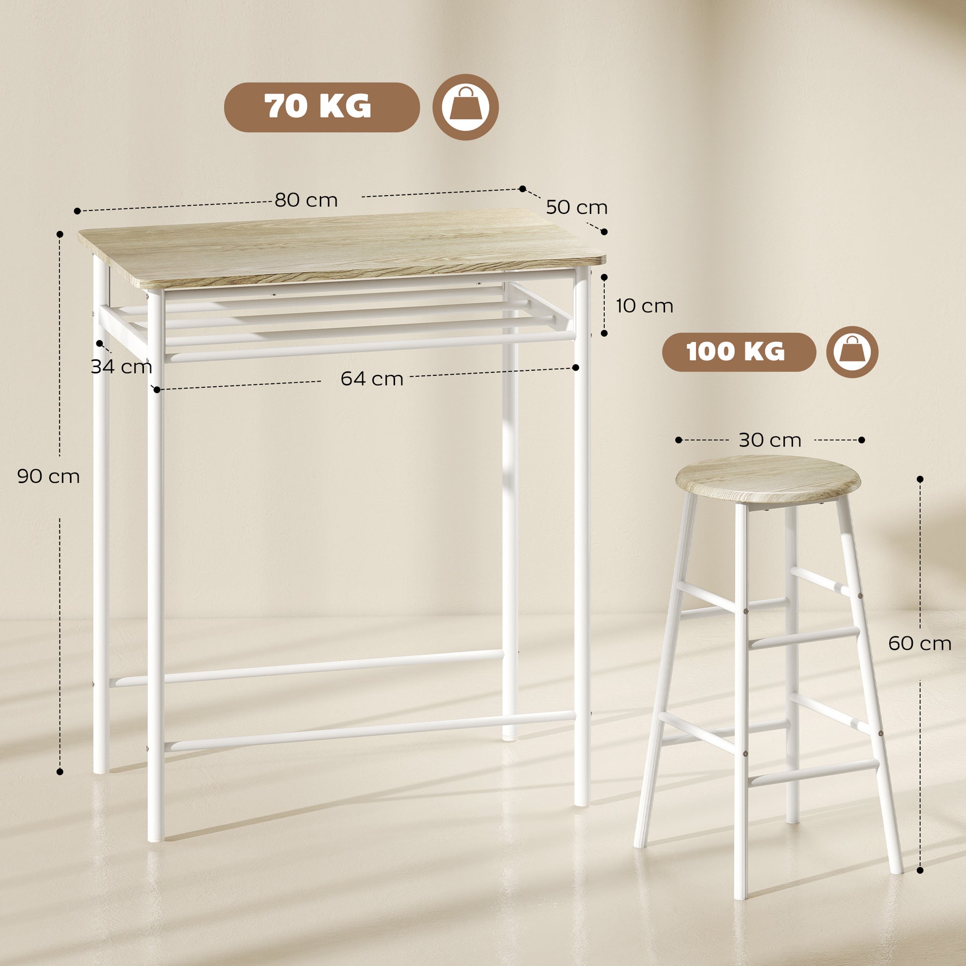 HOMCOM Bar Table Set, Bar Table and Stools Set, Footrest and Storage Shelf, for Kitchen, Dining Room, Pub, Cafe, White and Oak--ChewyGames-ChewyGames