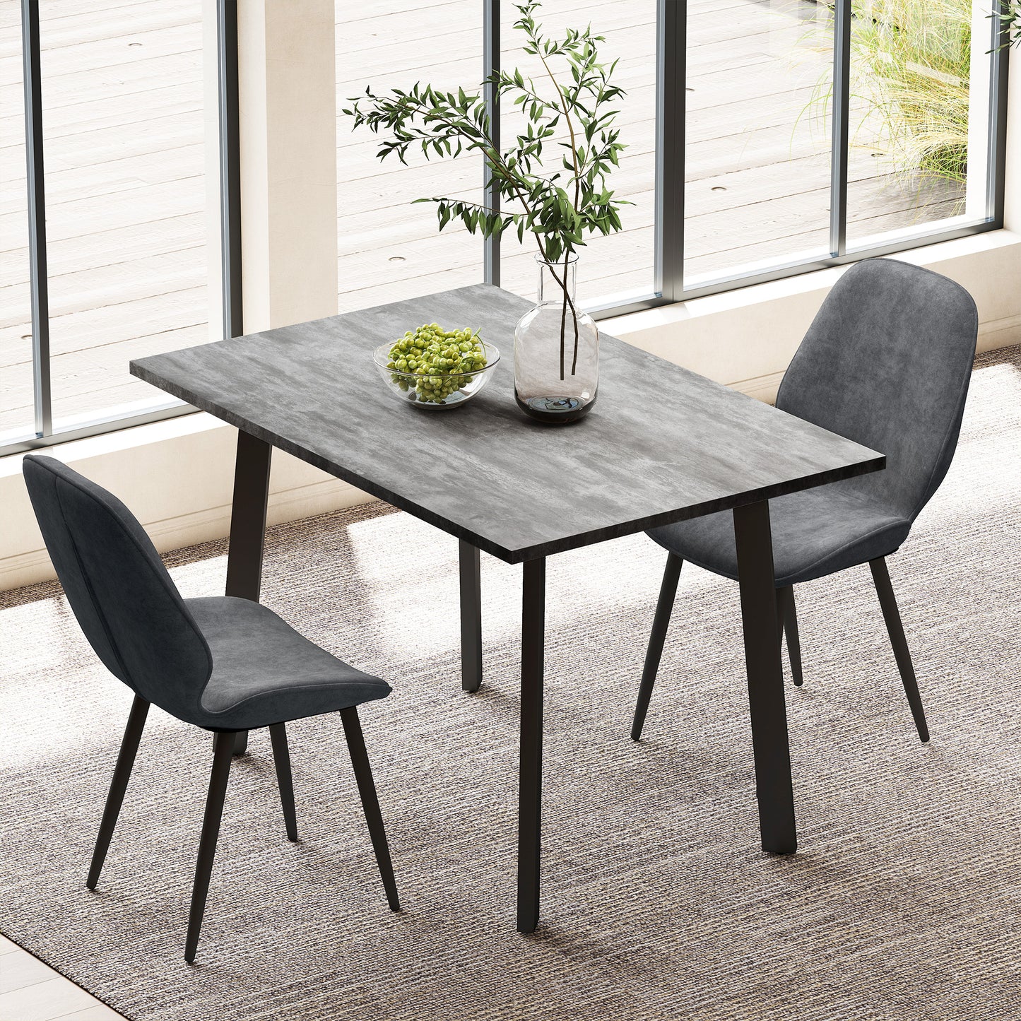 HOMCOM Dining Set, Kitchen Table with 2 Velvet Upholstered Chairs, Dark Grey
