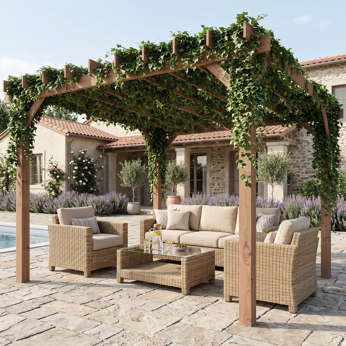 Outsunny 3 x 3 m Wooden Pergola Kit, Garden Pergola Gazebo Grape Trellis with Triangle Supports, Maple Wood-effect