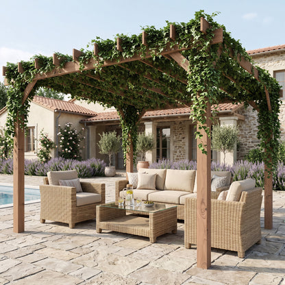 Outsunny 3 x 3 m Wooden Pergola Kit, Garden Pergola Gazebo Grape Trellis with Triangle Supports, Maple Wood-effect