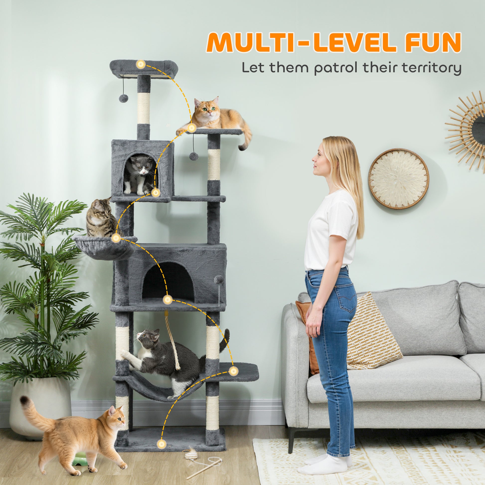PawHut 202cm Large Cat Tree with 6 Scratching Posts, 2 Hammocks, 2 Condos, 2 Perches, Pompoms, for Indoor Cats to Rest and Play--ChewyGames-ChewyGames