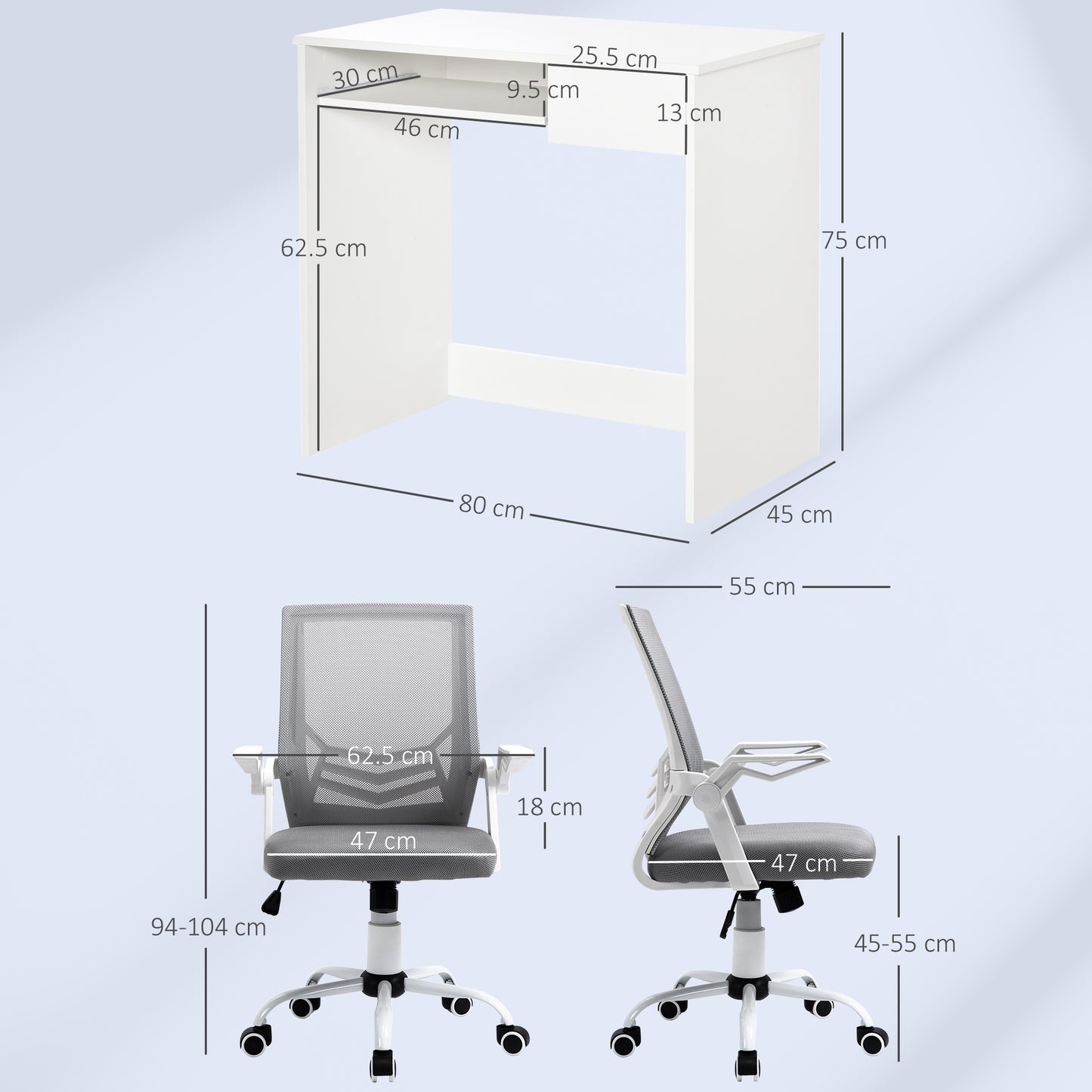 Vinsetto Home Office Chair and Computer Desk Set, Mesh Chair with with 90° Flip-up Armrest, Study Desk with Keyboard Tray and Drawer, White and Grey