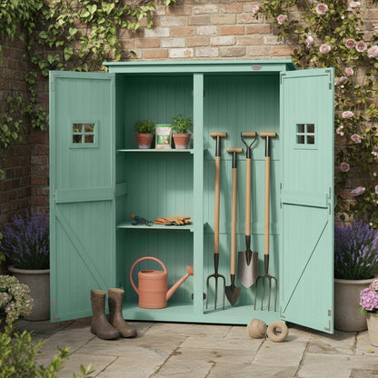 Outsunny Wooden Garden Shed with Two Windows, Tool Storage Cabinet, Outdoor Double Door organiser 127.5L x 50W x 164H cm, Green