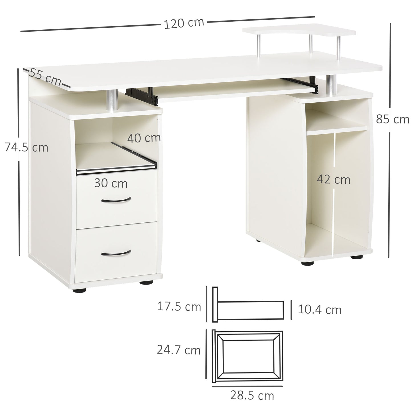 HOMCOM Home Study Desk Writing Table with Drawers, Writing Desk Study Table with Side Storage and Sliding Shelf, White
