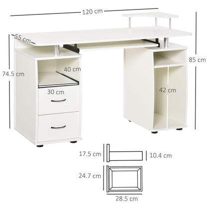 HOMCOM Home Study Desk Writing Table with Drawers, Writing Desk Study Table with Side Storage and Sliding Shelf, White