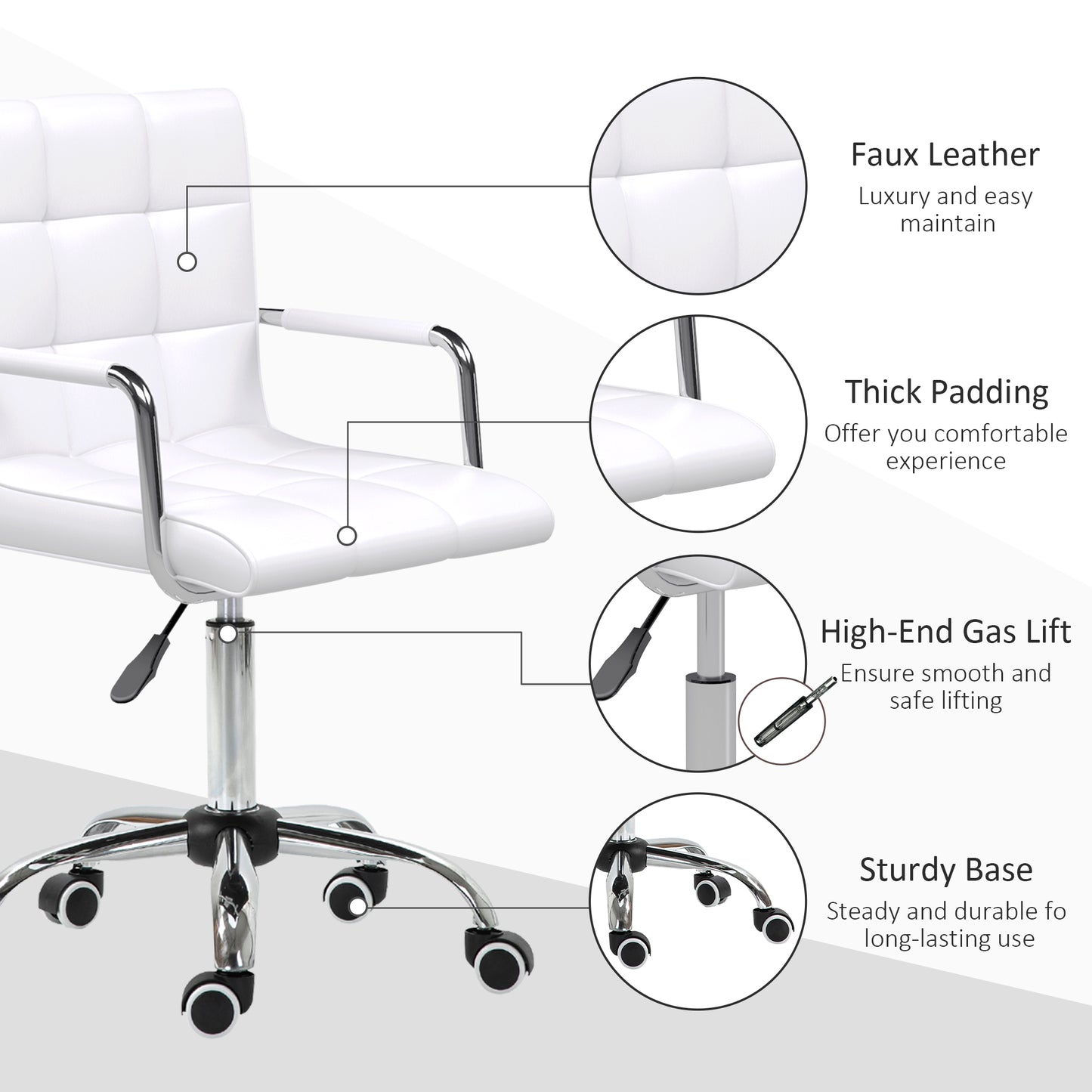 Vinsetto Makeup Vanity Chair, PU Leather Mid Back Office Chair with Adjustable Height, Armrest and Rolling Wheels, White
