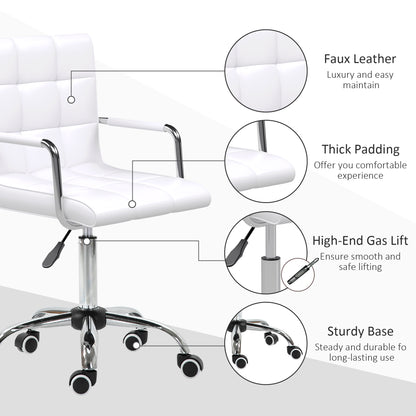 Vinsetto Makeup Vanity Chair, PU Leather Mid Back Office Chair with Adjustable Height, Armrest and Rolling Wheels, White