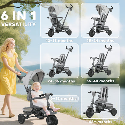 AIYAPLAY 6 in 1 Foldable Kids Trike with Adjustable Parent Handle & Canopy for Ages 1-5, Grey