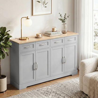 HOMCOM Sideboard Buffet Cabinet, 140 cm Kitchen Storage Cabinet with 4 Drawers, 4 Doors and 2 Adjustable Shelves, Grey