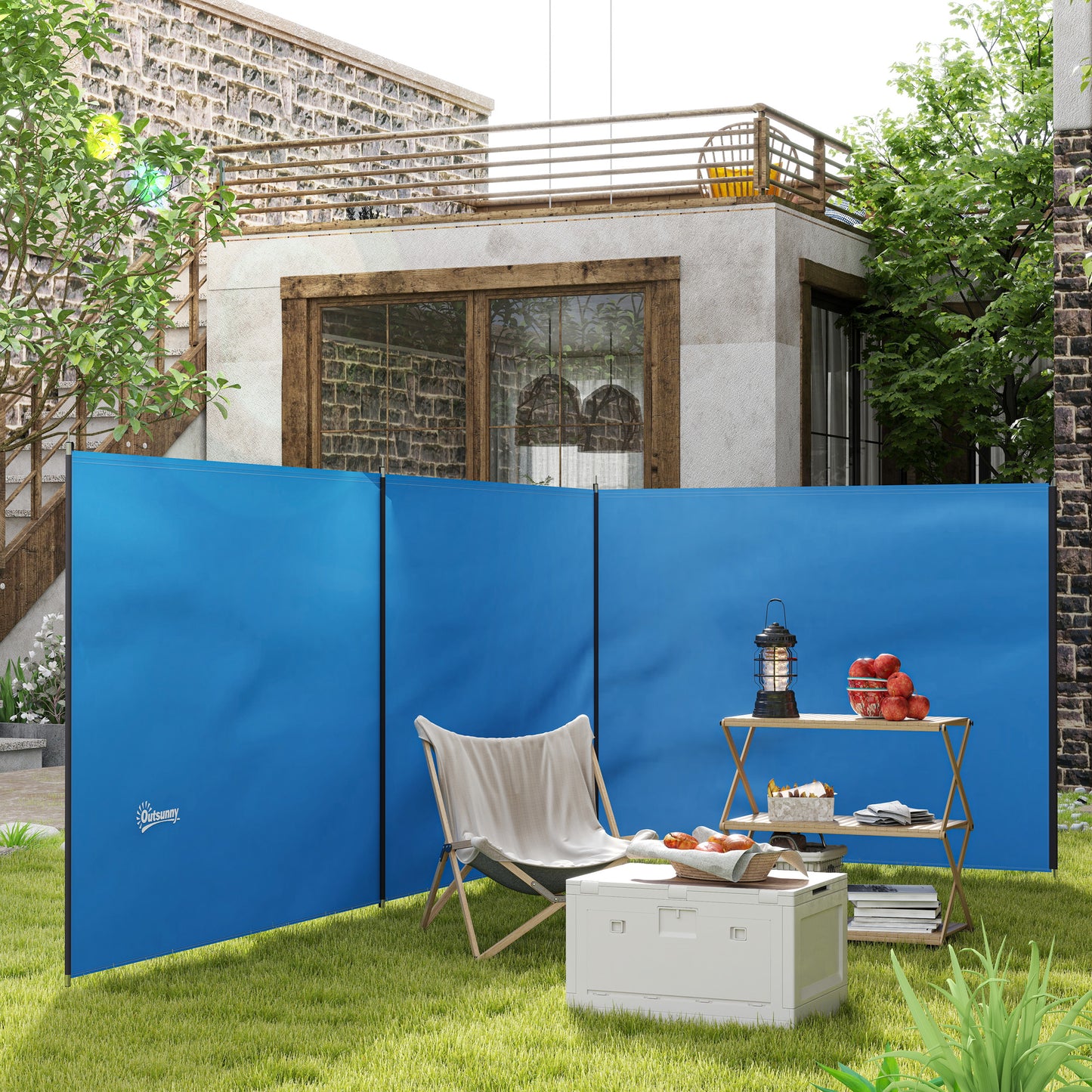 Outsunny 4 Pole Camping Windbreaks, Beach Wind Shield Shelter with Carry Bag and Steel Poles, 540cm x 150cm, Blue