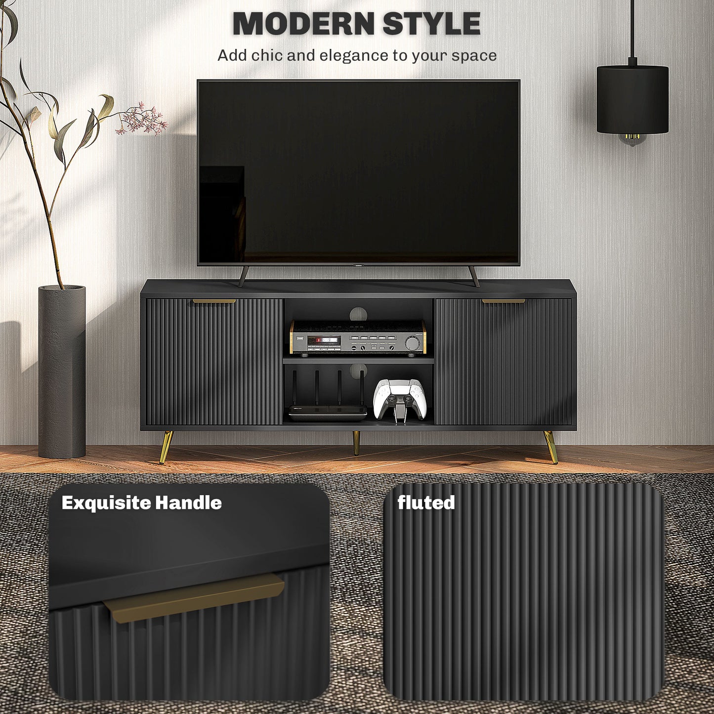 HOMCOM Modern TV Stand Cabinet for TVs up to 55", TV Unit with 2 Open Shelves and 2 Cabinets, Entertainment Centre with Cable Management for Living Room, Black