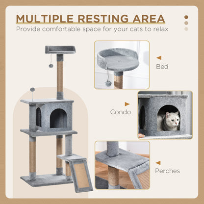 PawHut Cat Tree Tower 142cm Climbing Kitten Activity Center with Jute Scratching Post Board, Removable Felt Hanging Toy, Grey
