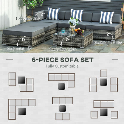 Outsunny 6 PC Rattan Sofa Coffee Table Set Sectional Wicker Weave Furniture for Garden Outdoor Conservatory w/ Pillow Cushion Grey--ChewyGames-ChewyGames